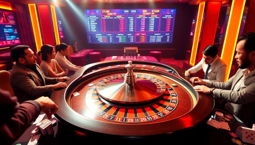 Players engaging at a roulette table, experiencing excitement at https://kkwin.life/ for top-notch gambling action.