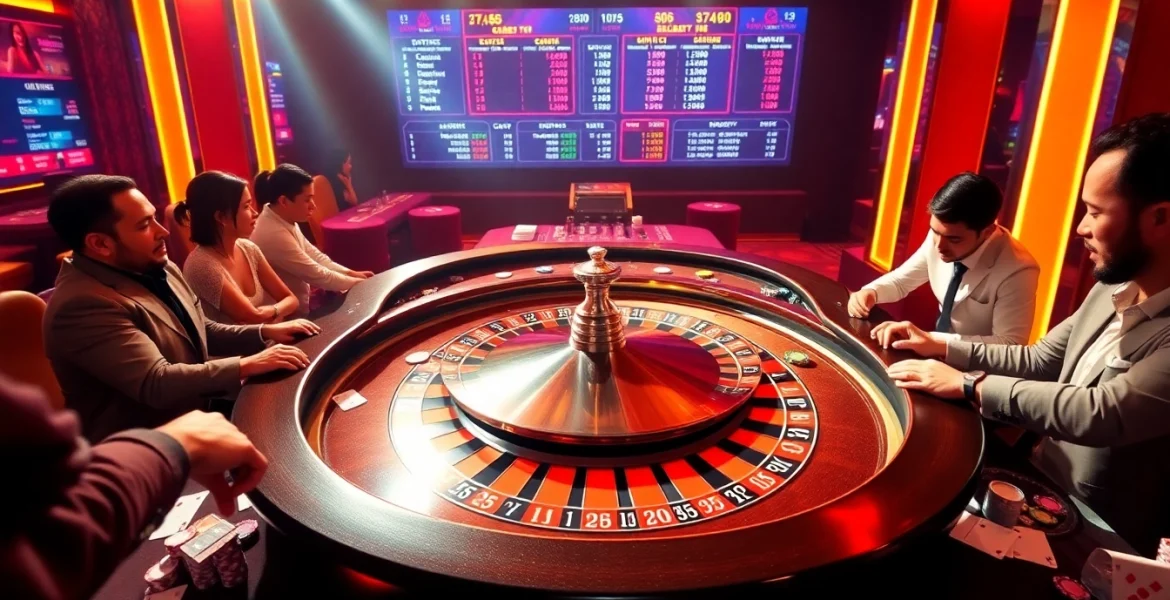 Players engaging at a roulette table, experiencing excitement at https://kkwin.life/ for top-notch gambling action.