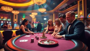 Engaging players participate at an mm88-themed casino table, showcasing vibrant poker chips and cards.