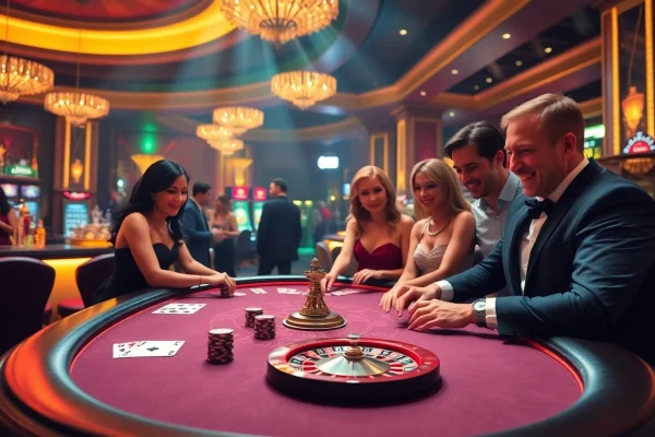Engaging players participate at an mm88-themed casino table, showcasing vibrant poker chips and cards.