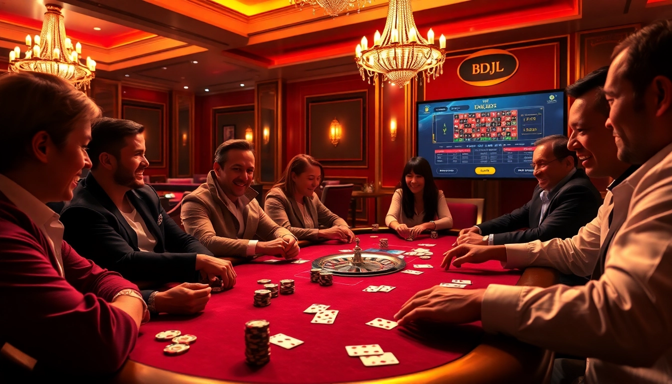 BDJL poker players strategizing with vibrant chips and cards in a luxurious casino atmosphere.