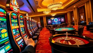 Experience thrilling gaming at EK333's online casino with vibrant action at the roulette table and slot machines.