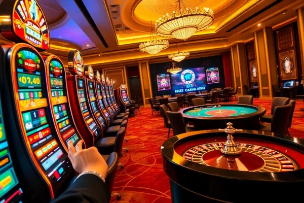 Experience thrilling gaming at EK333's online casino with vibrant action at the roulette table and slot machines.
