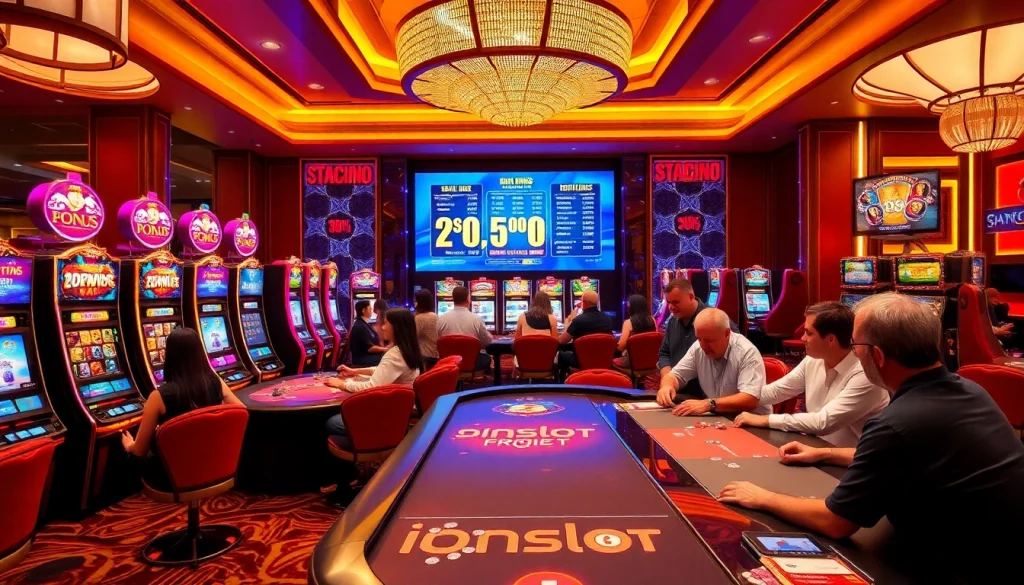 A dynamic scene of players enjoying the idnslot gaming experience with colorful machines and thrilling gameplay.