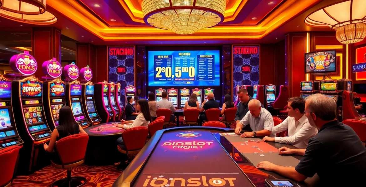 A dynamic scene of players enjoying the idnslot gaming experience with colorful machines and thrilling gameplay.