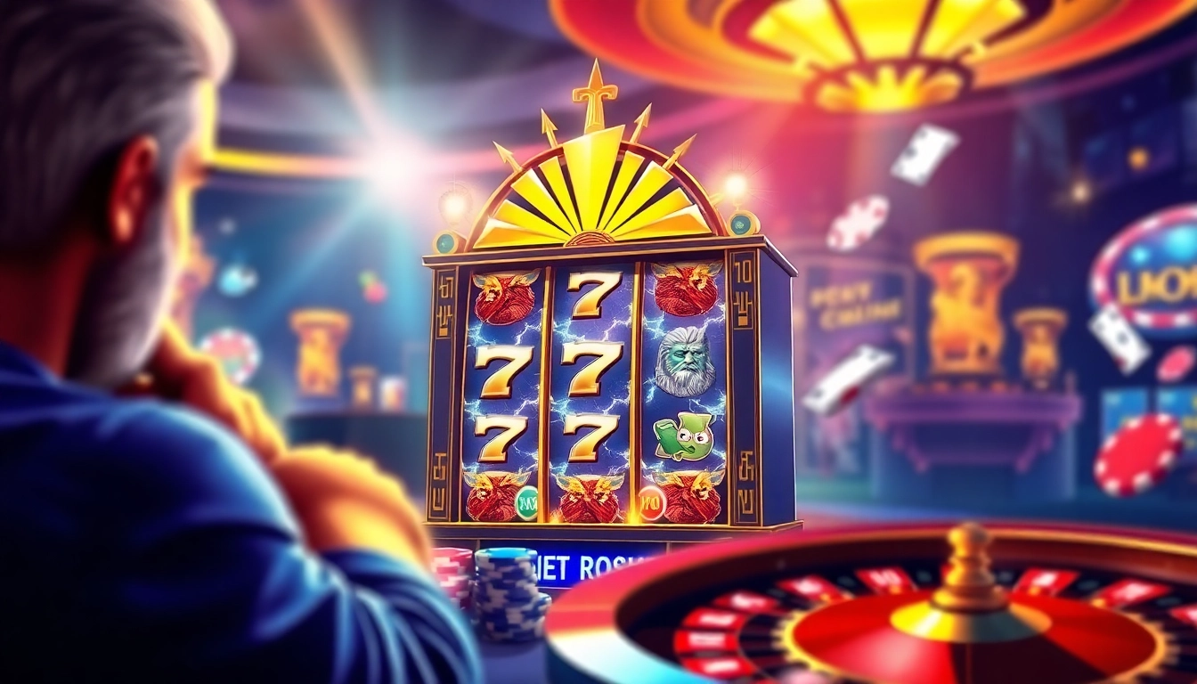 Experience the thrill of slot zeus as a player spins for lightning wins in a lit casino setting.