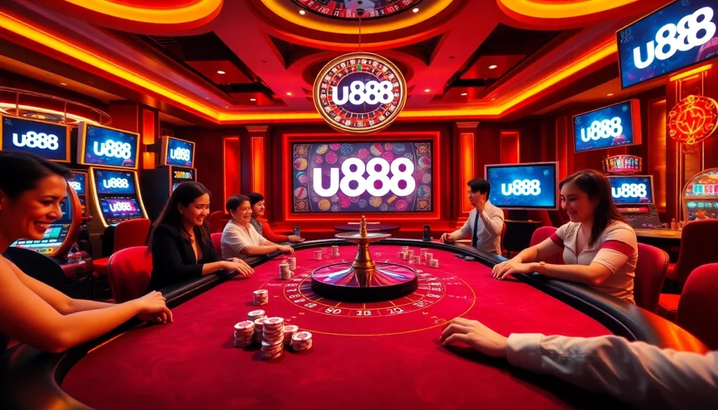 Players celebrating a win at u888's exciting casino table with poker chips and a roulette wheel.