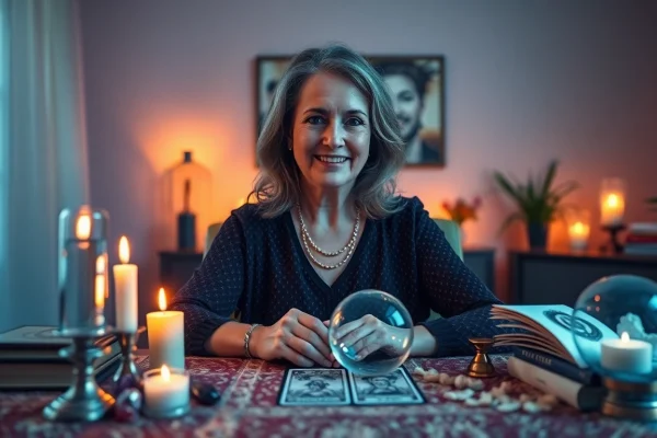 電話占い 当たる が、静かな場所でプロの占い師、タロットカード、クリスタルボールとともに描かれている。