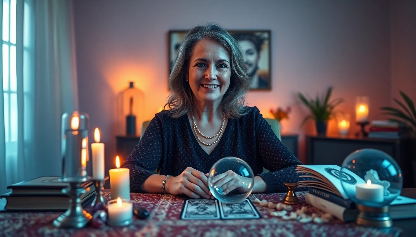 電話占い 当たる が、静かな場所でプロの占い師、タロットカード、クリスタルボールとともに描かれている。