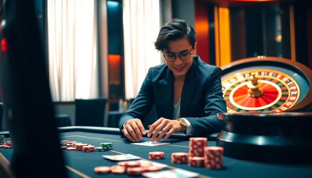A skilled player bets at the LC88 online gaming table, surrounded by vibrant casino elements, showcasing the excitement of https://lc88.supply/.