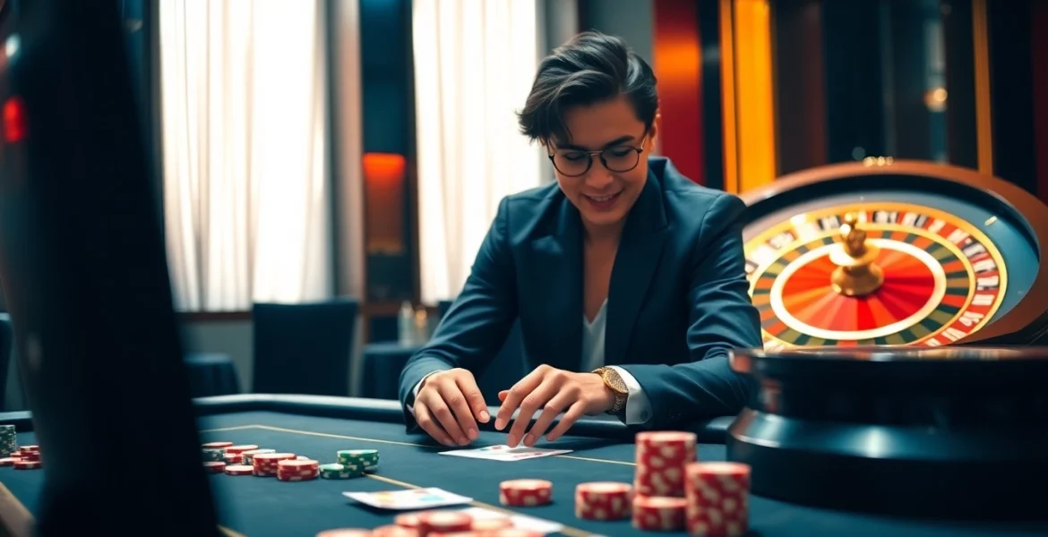 A skilled player bets at the LC88 online gaming table, surrounded by vibrant casino elements, showcasing the excitement of https://lc88.supply/.