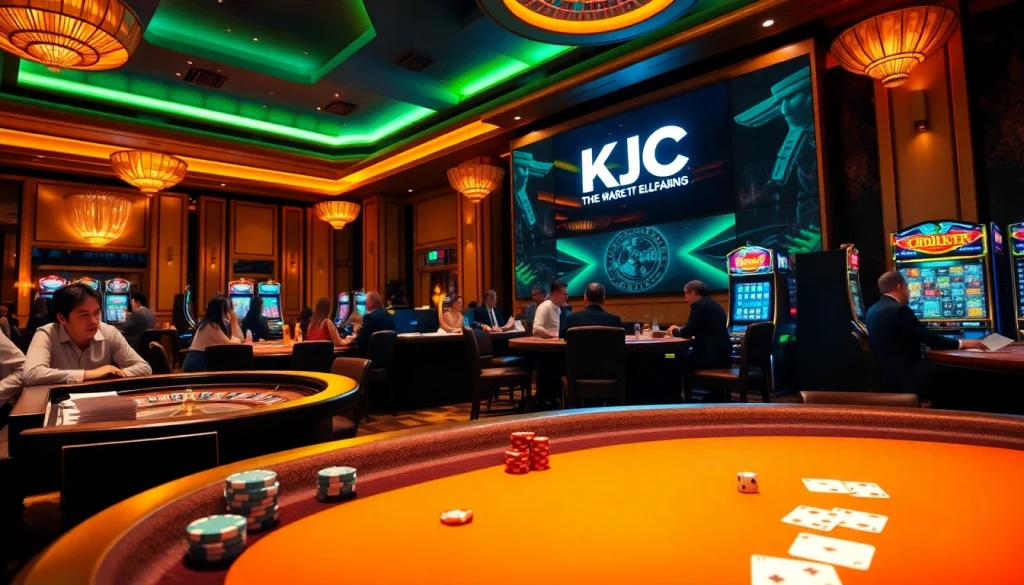 KJC gaming tables filled with excitement, featuring players, chips, and vibrant casino elements.
