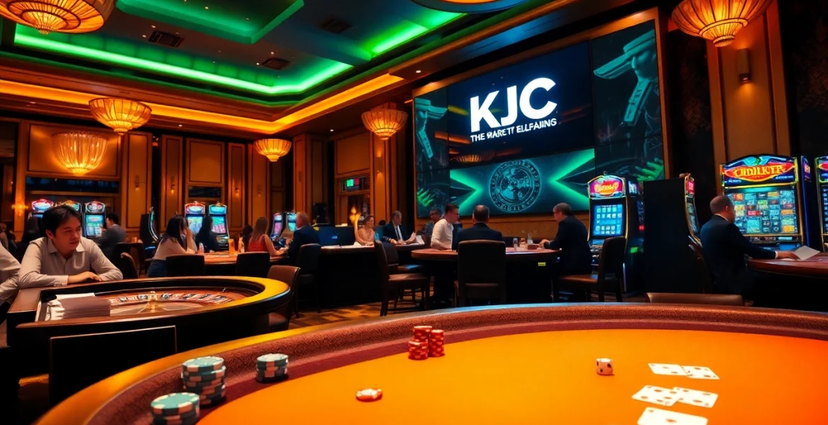 KJC gaming tables filled with excitement, featuring players, chips, and vibrant casino elements.