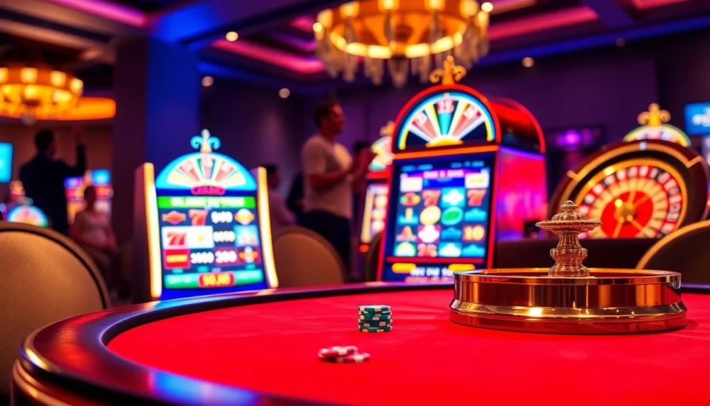 Exciting slot machine surrounded by vibrant poker chips and roulette wheel in a luxurious casino.