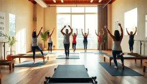 台東区のスタジオでのピラティスクラスに熱心に参加する参加者たち。フィットネスコミュニティとウェルネス文化を強調。