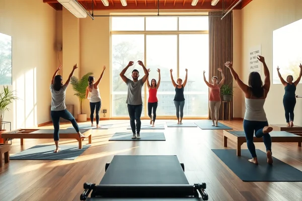 台東区のスタジオでのピラティスクラスに熱心に参加する参加者たち。フィットネスコミュニティとウェルネス文化を強調。