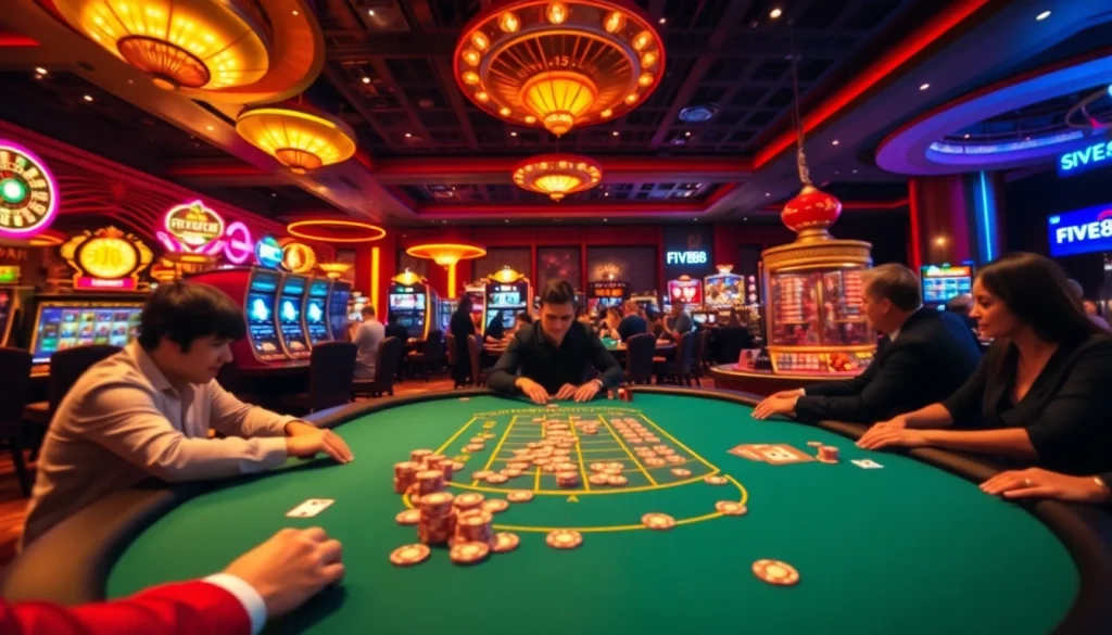 Experience the excitement of gambling at FIVE88's vibrant casino tables with poker and slot machines.