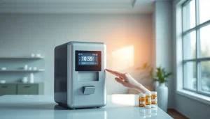 Automatic pill dispenser in a modern healthcare setting, showcasing advanced features and user accessibility.