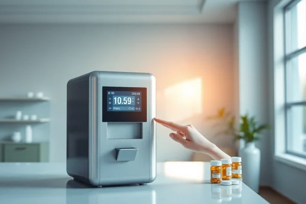 Automatic pill dispenser in a modern healthcare setting, showcasing advanced features and user accessibility.