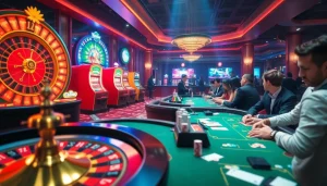 Experience the excitement of indoxxi through a vibrant casino scene filled with roulette wheels and poker tables.