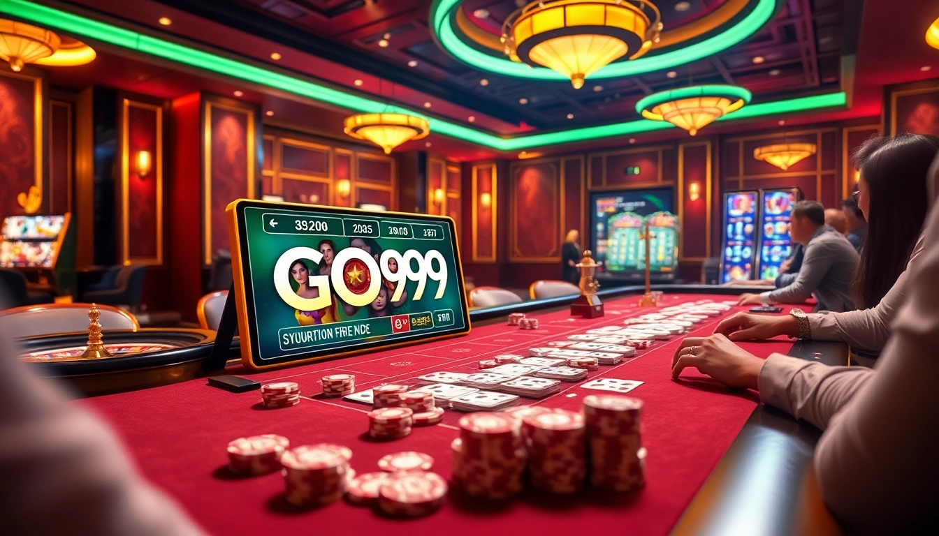 Engage with the exciting go99 game at a luxurious casino table featuring colorful chips and cards.