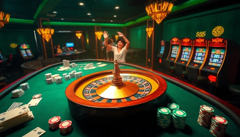 Excited gambler enjoying a lucky moment at the 555win casino, surrounded by luxurious gaming tables and vibrant lights.