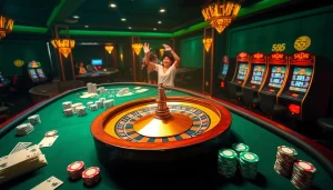 Excited gambler enjoying a lucky moment at the 555win casino, surrounded by luxurious gaming tables and vibrant lights.