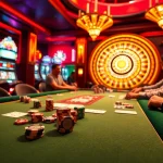 Experience the thrill of a luck8 casino with players enjoying poker and vibrant slot machines.