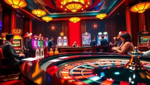 Players enjoying a thrilling casino experience at Tk88 MVP with poker tables and slot machines.