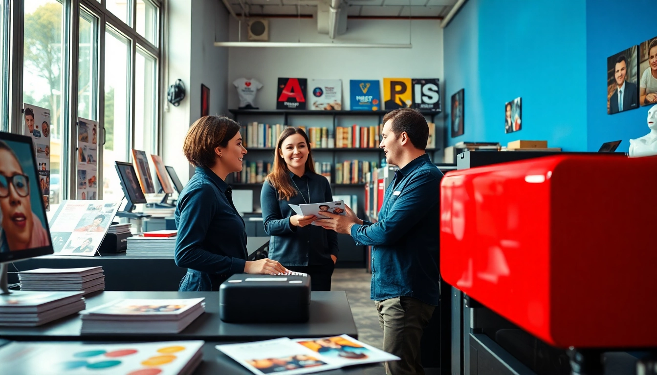 Imprenta en Alicante que muestra proyectos de impresión vibrantes y un personal amable en un espacio de trabajo moderno.