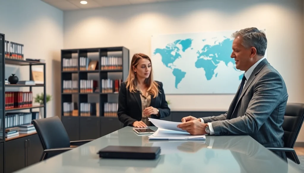 Migration lawyer Sydney providing expert consultation to a couple in a professional office setting.