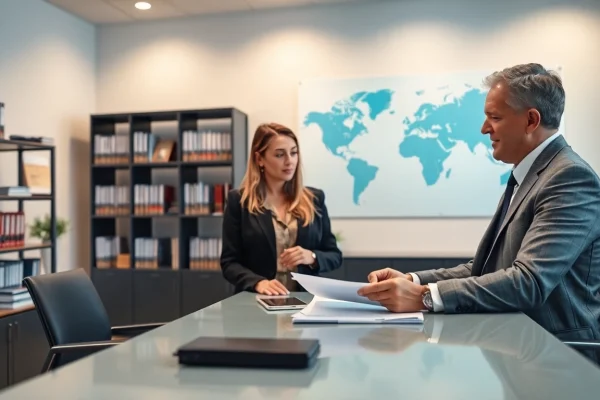 Migration lawyer Sydney providing expert consultation to a couple in a professional office setting.
