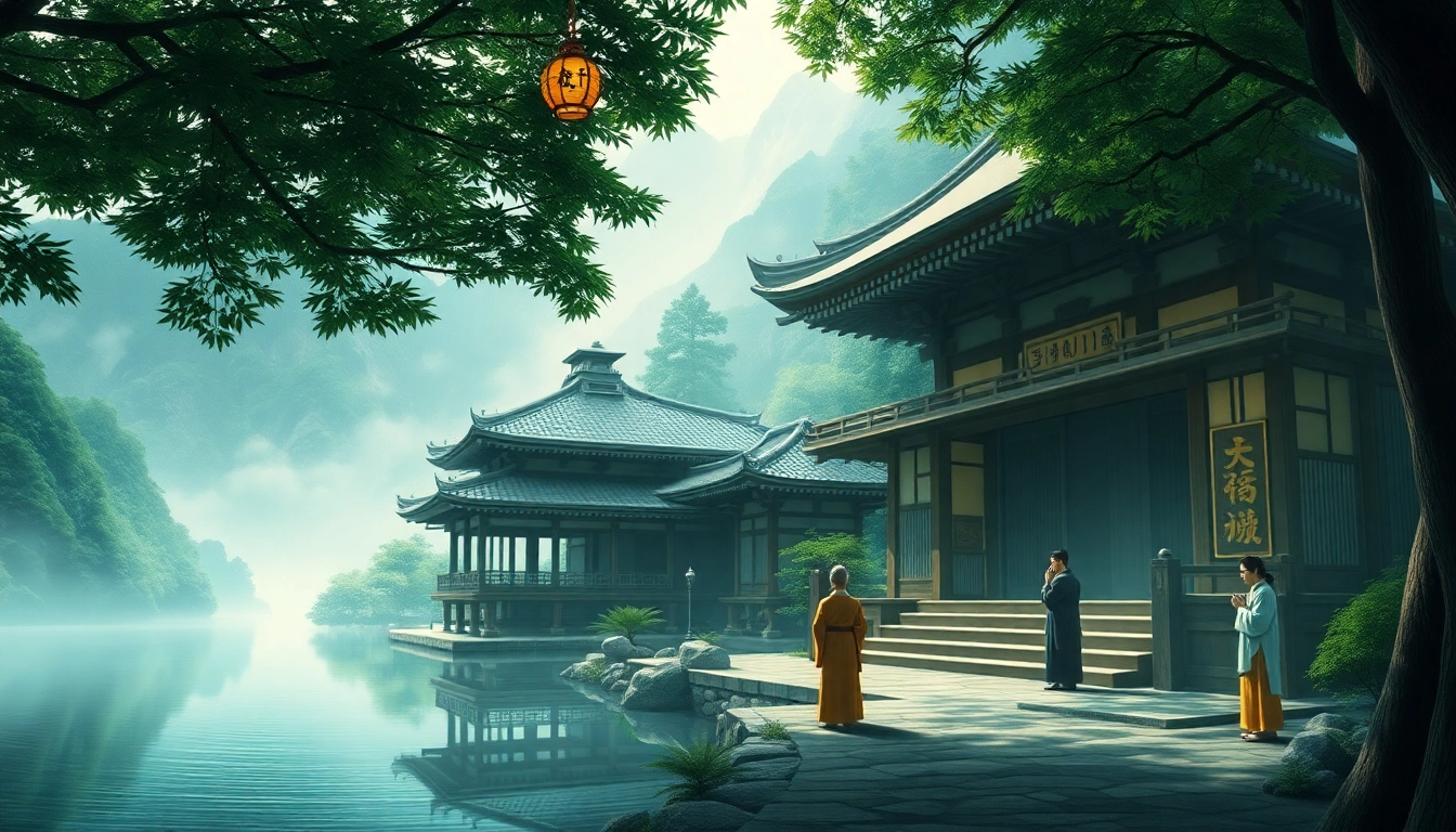 即身仏に祀られた静かな日本の寺院の画像。緑豊かな山々と伝統的な装いの参拝者に囲まれている。