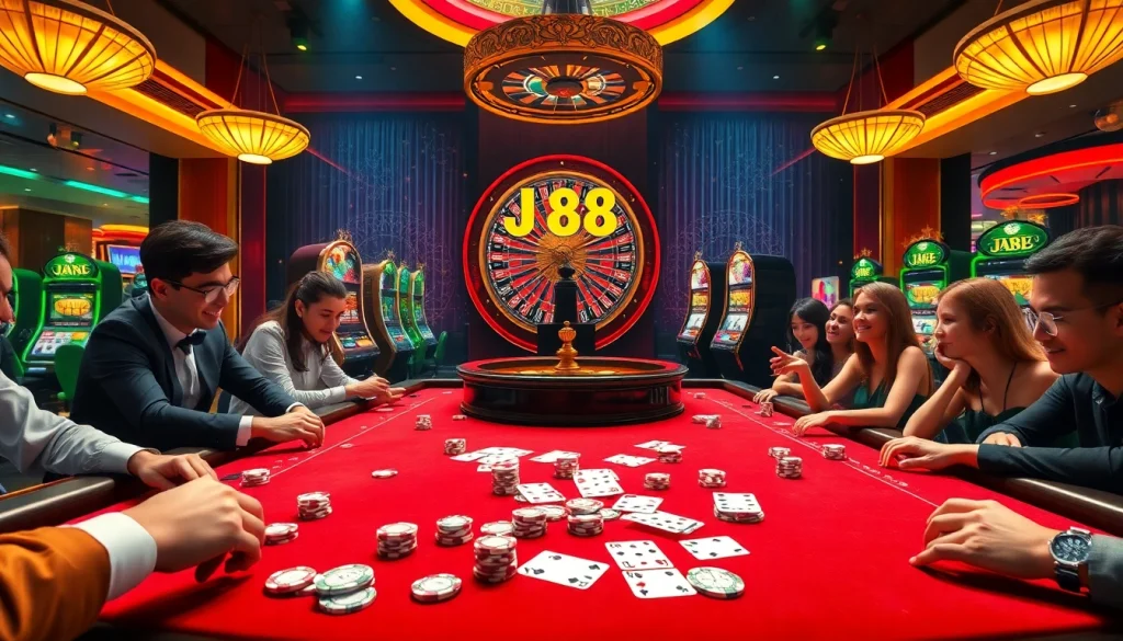 Players engaging at a J88 betting table in an upscale casino environment filled with excitement.