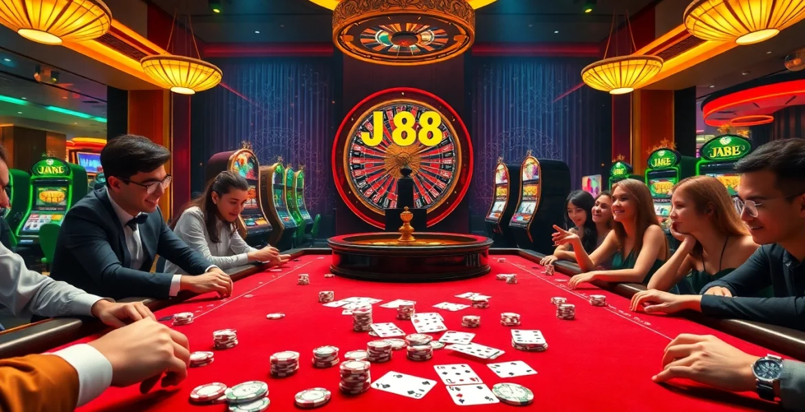 Players engaging at a J88 betting table in an upscale casino environment filled with excitement.