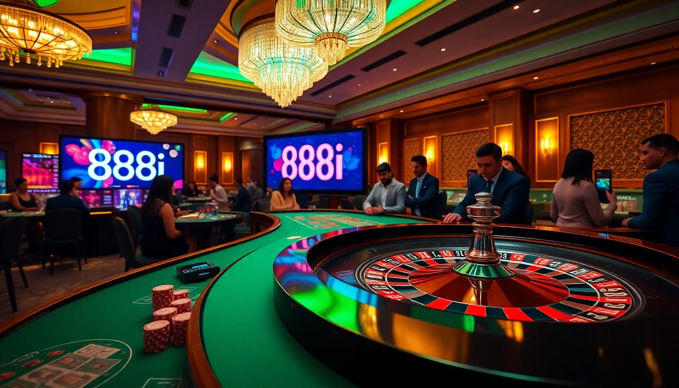 Experience the thrill of playing 88i with vibrant casino tables full of poker chips and cards.