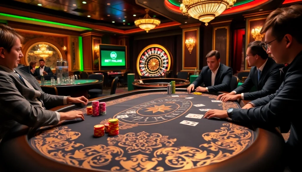 Bet88 players enjoying an exciting game at a luxurious casino poker table with vibrant colors.