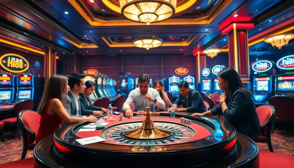 Experience the excitement of gambling at Hi88 with vibrant casino visuals featuring gaming tables and cards.