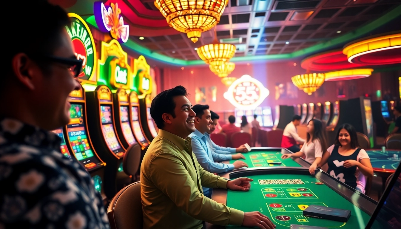 Exciting online gaming atmosphere at 55WW casino with vibrant slot machines and live dealer games.