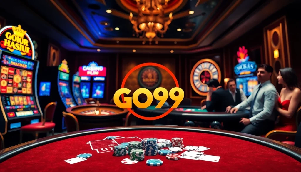 Exciting casino atmosphere with GO99 logo among poker chips and slot machines.