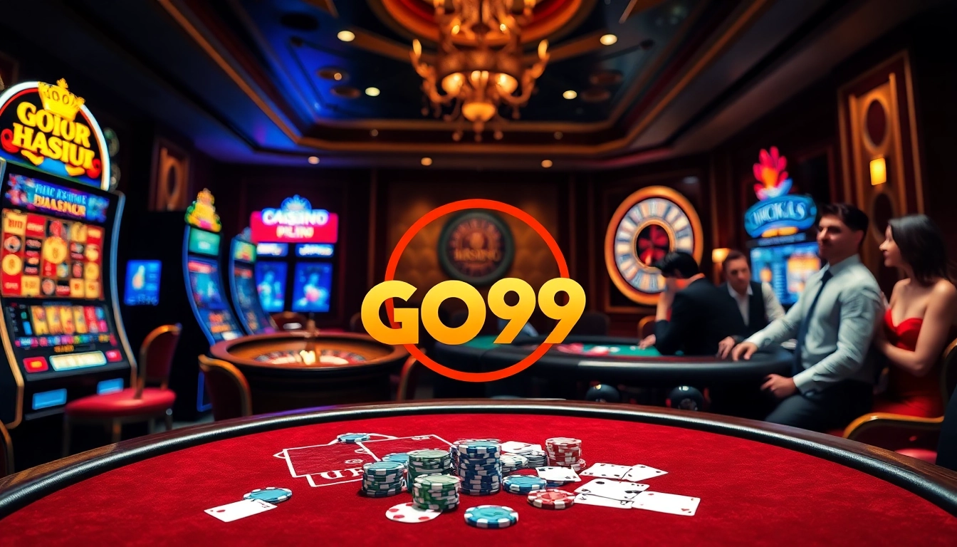 Exciting casino atmosphere with GO99 logo among poker chips and slot machines.