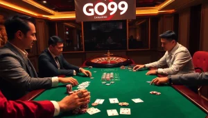 High-stakes gambling at a GO99 branded poker table showcasing vibrant chips and luxury cards.