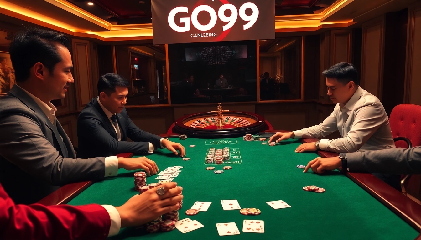 High-stakes gambling at a GO99 branded poker table showcasing vibrant chips and luxury cards.