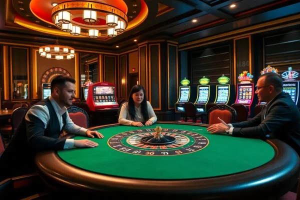 Players enjoying high-stakes poker at Nhà cái Hm88's luxurious online casino.