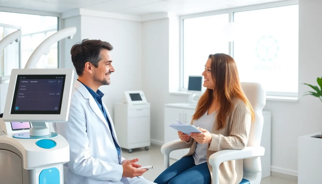 モダンなクリニックでの医療脱毛コンサルテーション、医師と患者