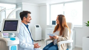 モダンなクリニックでの医療脱毛コンサルテーション、医師と患者