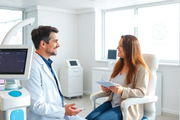 モダンなクリニックでの医療脱毛コンサルテーション、医師と患者