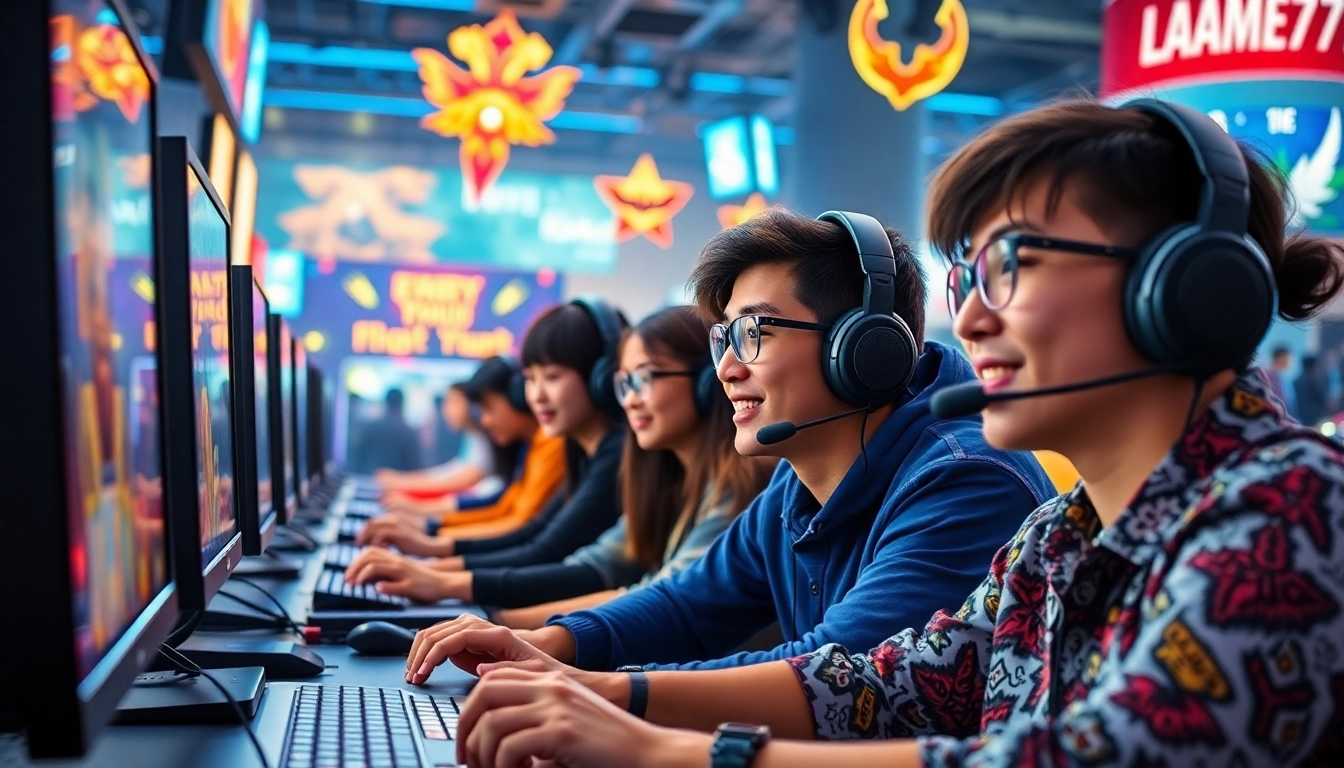 LAGAGAME77 gaming excitement with vibrant players and immersive digital rewards.