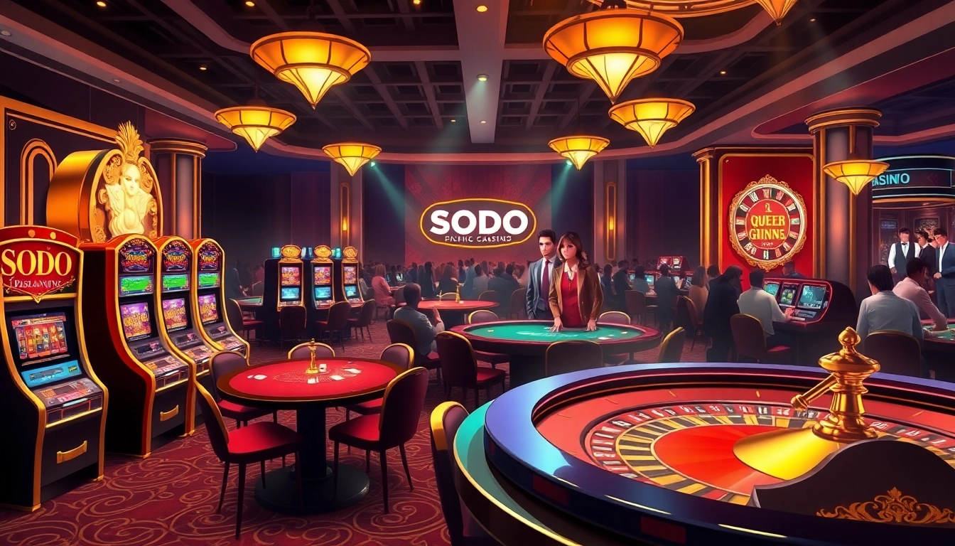 SODO-themed casino scene showcasing vibrant tables, poker chips, and slot machines.
