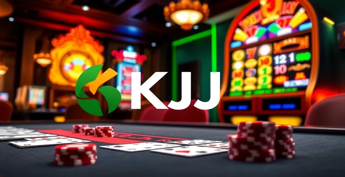 KJC casino scene showcasing an elegant poker table and vibrant slot machines, evoking excitement.